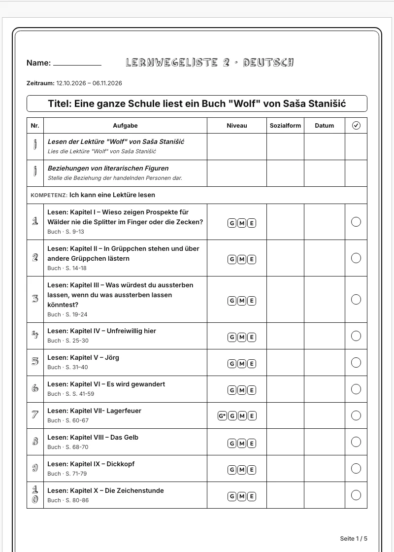 Erste Seite eines gedruckten Lernwegebogens zum Buch „Wolf“ mit nummerierten Aufgaben, Niveau-Kennzeichnung und Abhak-Kreisen